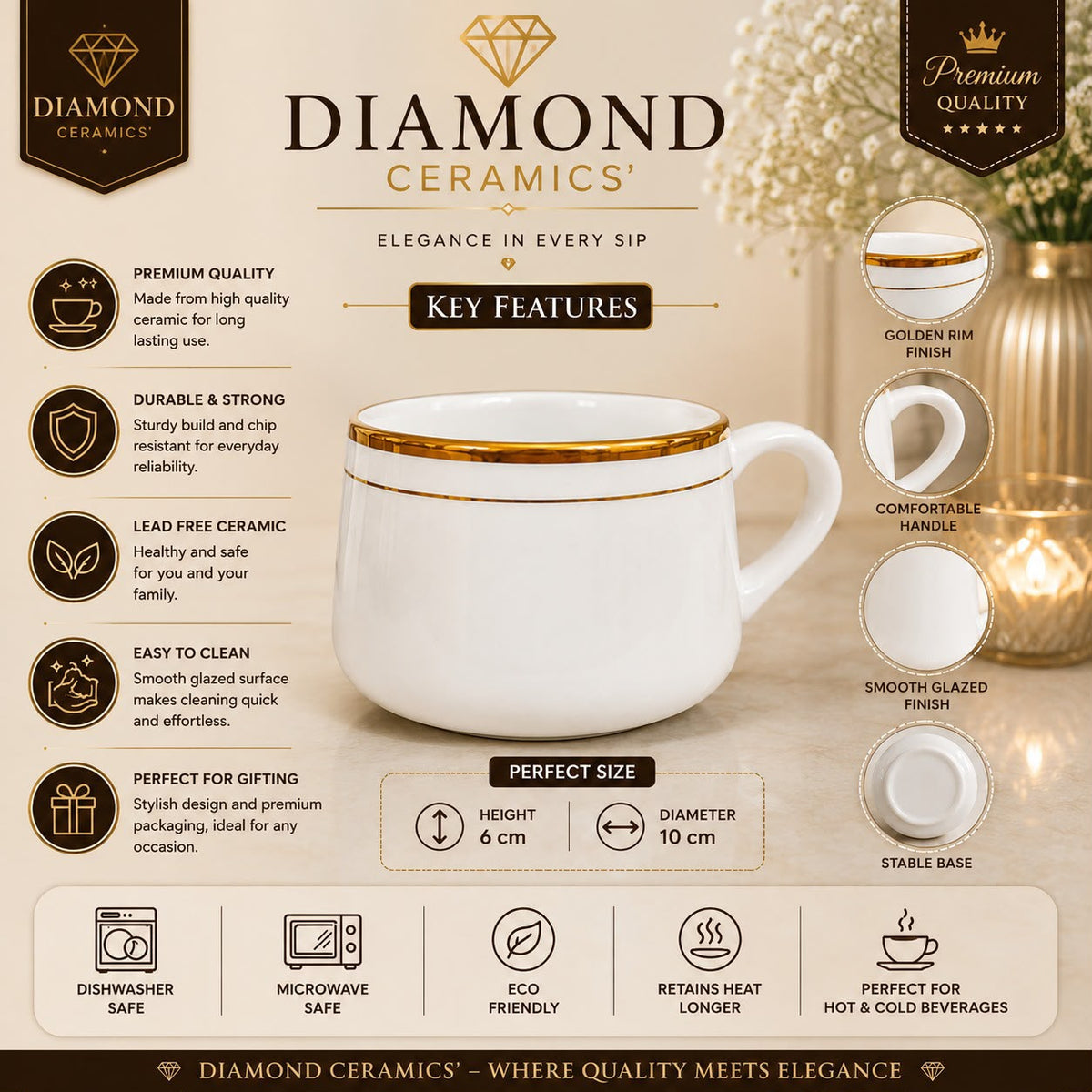 Diamond Ceramics 6-Piece White Ceramic Coffee Mug Set with Golden Rim | Premium Tea & Coffee Cups