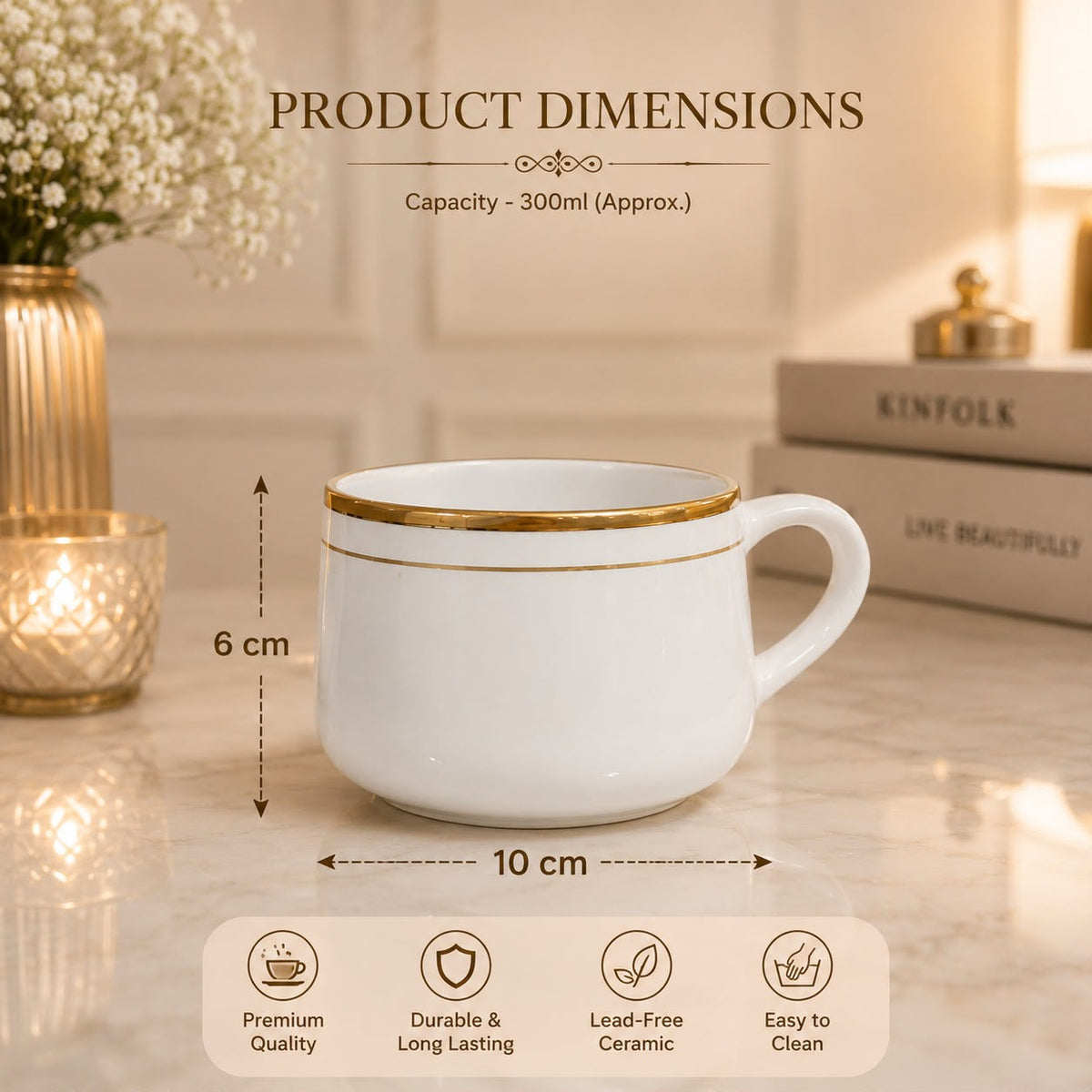 Diamond Ceramics 6-Piece White Ceramic Coffee Mug Set with Golden Rim | Premium Tea & Coffee Cups
