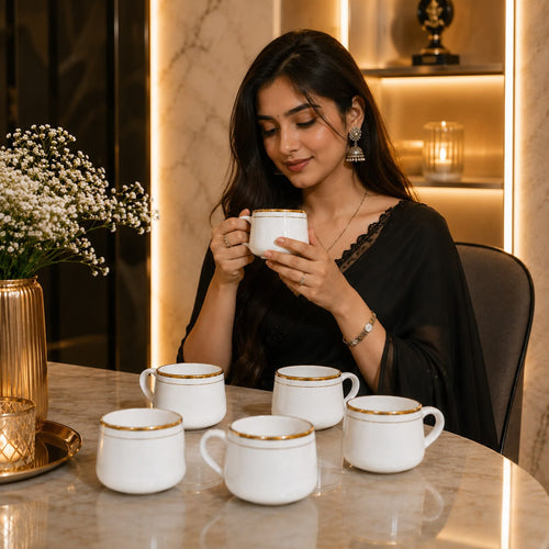Diamond Ceramics 6-Piece White Ceramic Coffee Mug Set with Golden Rim | Premium Tea & Coffee Cups