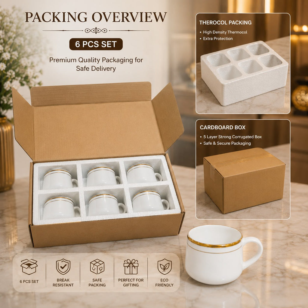 Diamond Ceramics 6-Piece White Ceramic Coffee Mug Set with Golden Rim | Premium Tea & Coffee Cups