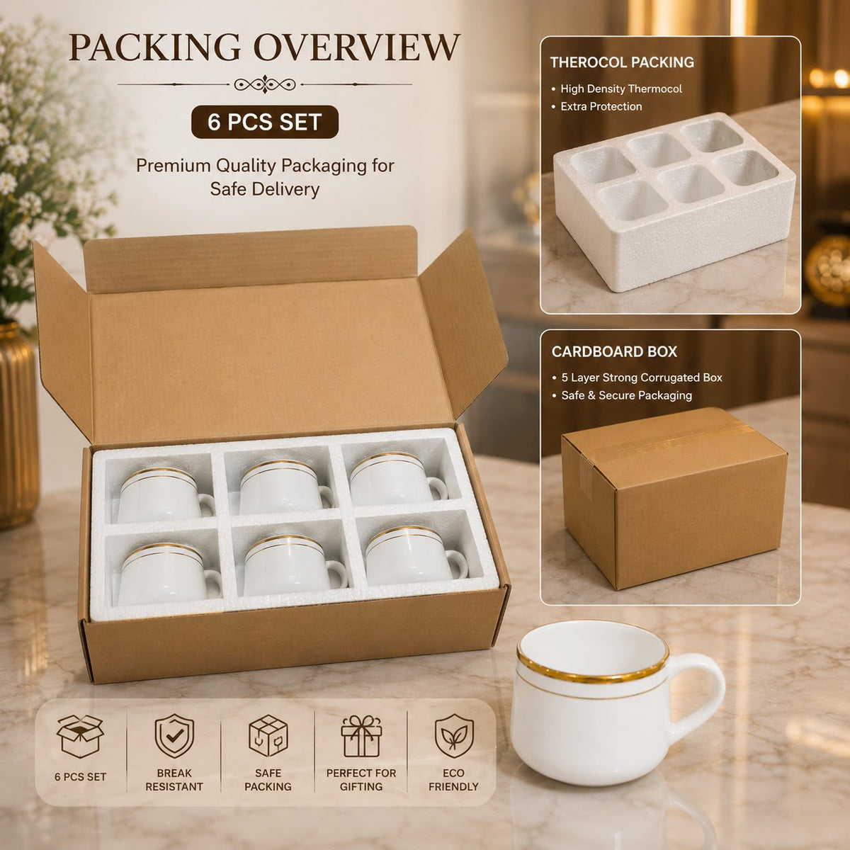 Diamond Ceramics 6-Piece White Ceramic Coffee Mug Set with Golden Rim | Premium Tea & Coffee Cups